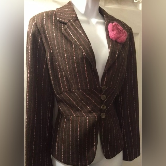 J.JILL Espresso Brown Wool Blends Blazer Pink Striped Flower Rosette Appliqué - Picture 3 of 10